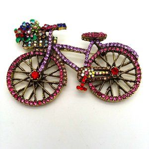 Bicycle Rhinestone Brooch Colorful Pink Purple Sparkle Pin Large Flowers Basket